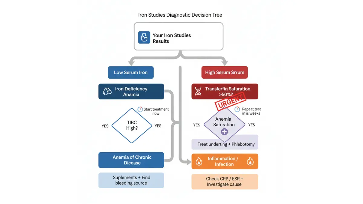 Iron Studies diagnostic decision tree explaining causes of low and high iron results