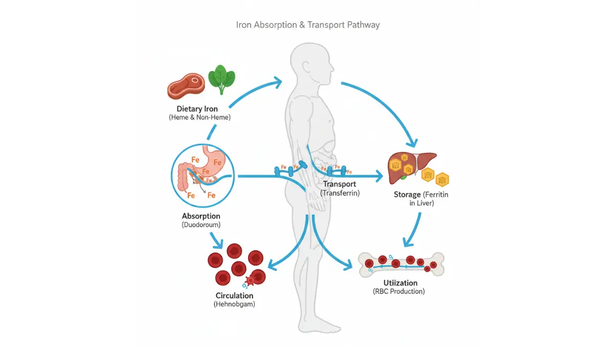 Iron Studies diagram showing iron absorption transport storage and red blood cell production