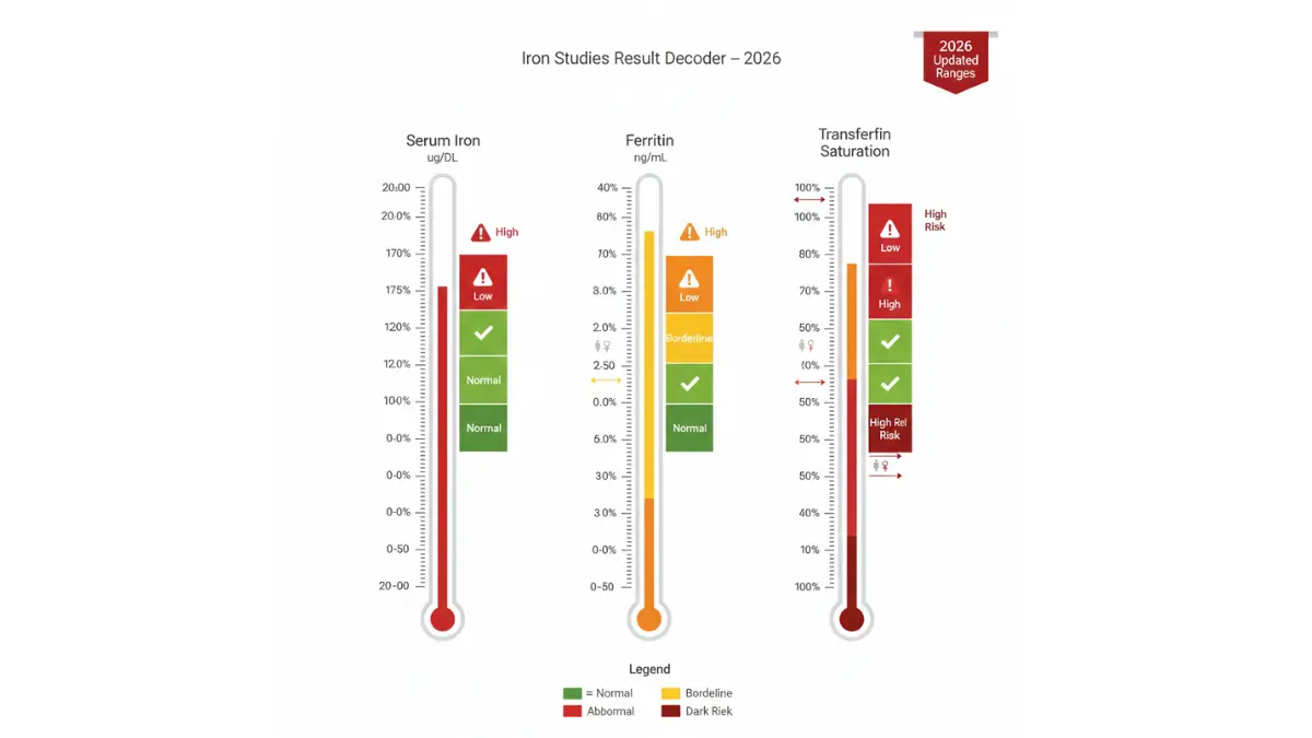 Iron Studies result decoder chart showing normal low and high iron ranges