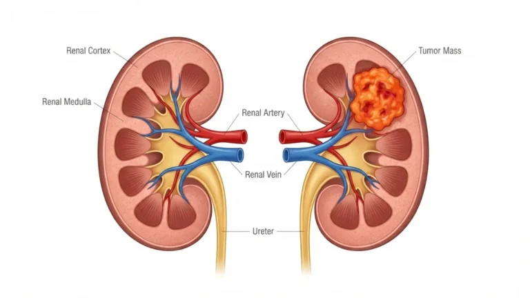 Kidney cancer anatomy diagram showing renal cell carcinoma tumor location in kidney cortex