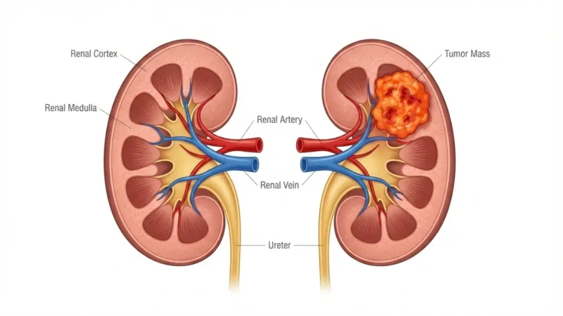 Kidney cancer anatomy diagram showing renal cell carcinoma tumor location in kidney cortex