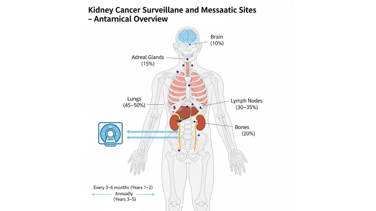 Kidney cancer metastatic sites diagram showing lungs, lymph nodes, bones, liver, brain and adrenal gland spread