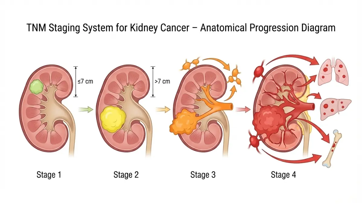 Kidney cancer TNM staging diagram showing progression from Stage 1 to Stage 4 with anatomical spread