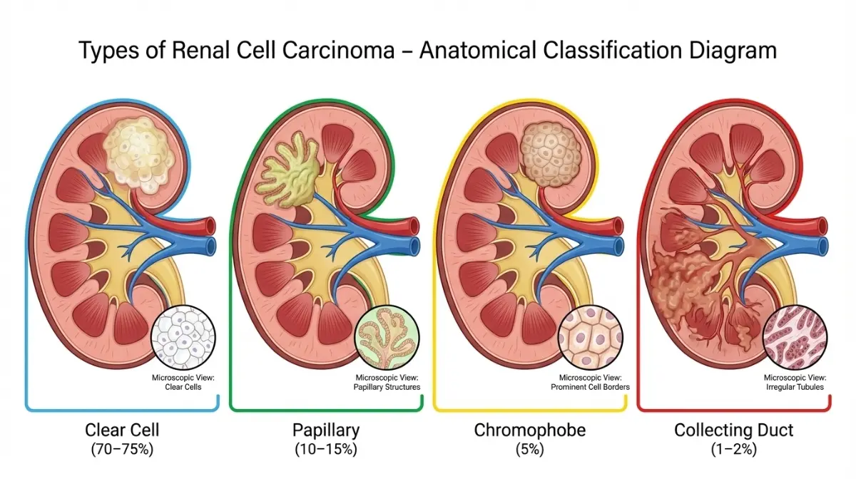 Kidney cancer diagram comparing clear cell, papillary, chromophobe, and collecting duct renal cell carcinoma types