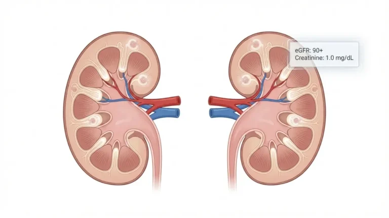 Kidney test results showing cross-section kidney anatomy with glomerular filtration, renal blood vessels, eGFR and creatinine levels