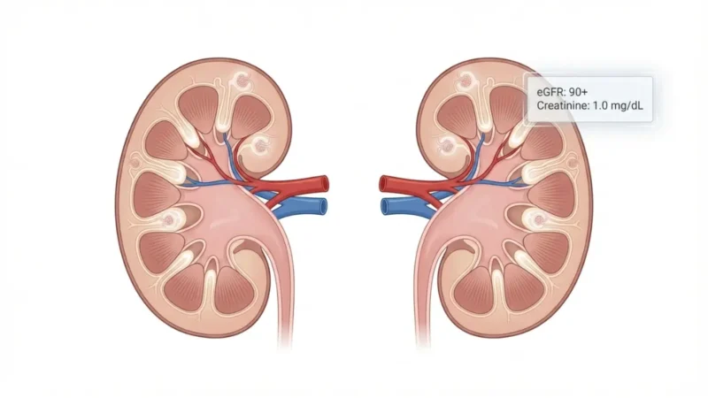 Kidney test results showing cross-section kidney anatomy with glomerular filtration, renal blood vessels, eGFR and creatinine levels