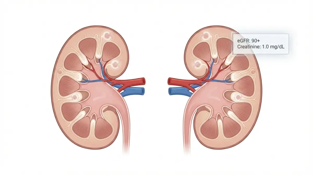 Kidney test results showing cross-section kidney anatomy with glomerular filtration, renal blood vessels, eGFR and creatinine levels