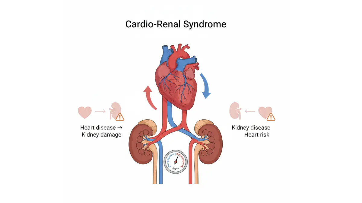 Kidney test results diagram showing heart and kidney connection with blood vessels and cardio-renal syndrome