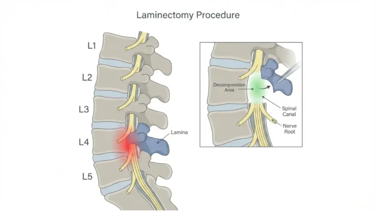 Laminectomy Cost illustrated with lumbar spine anatomy showing lamina removal and spinal decompression