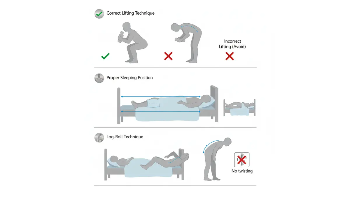 Laminectomy Cost recovery guide showing proper lifting, sleeping, and movement techniques