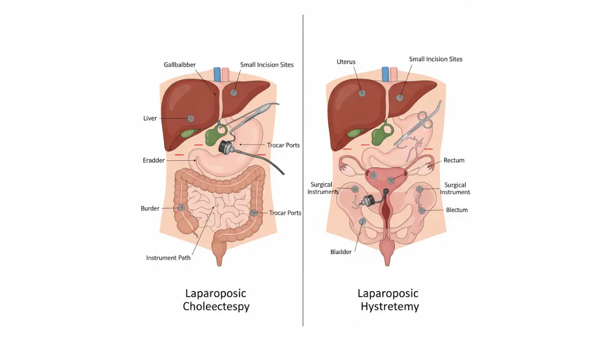 Laparoscopic surgery comparison diagram showing cholecystectomy versus hysterectomy instrument placement and anatomy