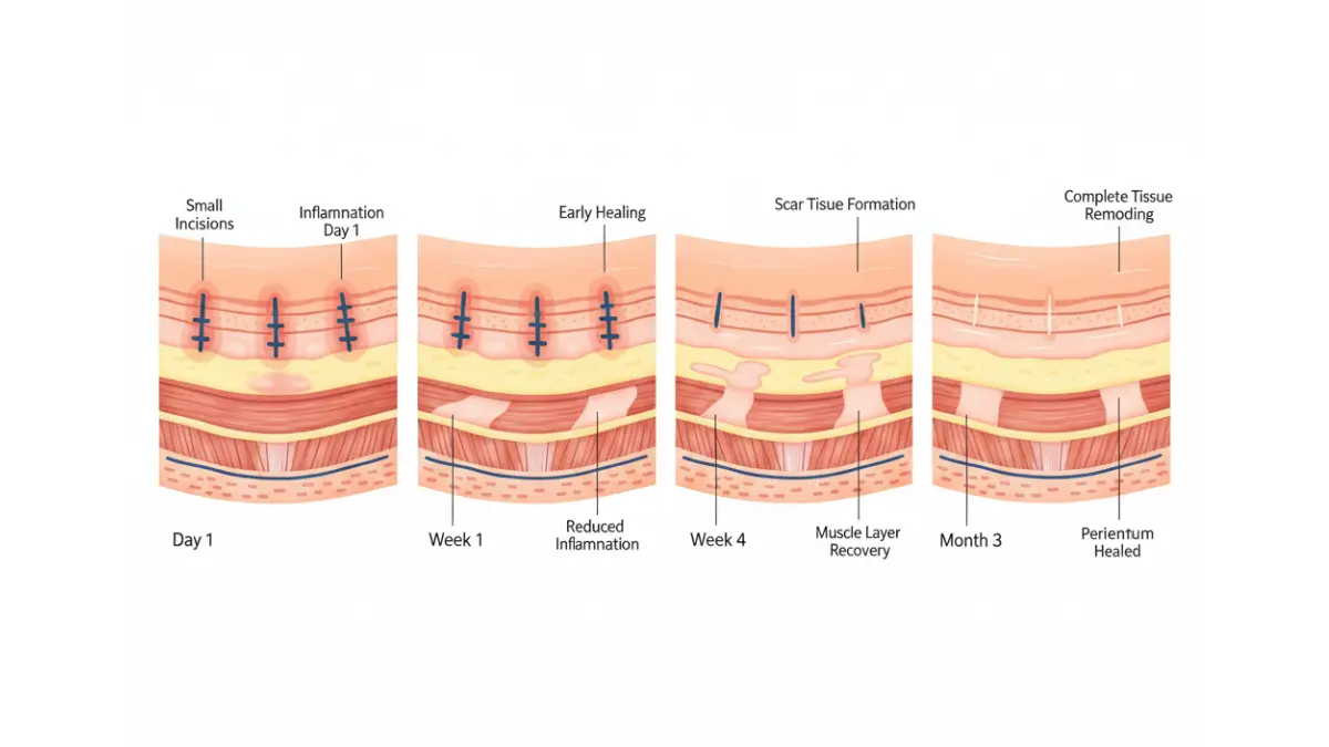 Laparoscopic surgery healing timeline diagram showing recovery stages from day 1 to month 3