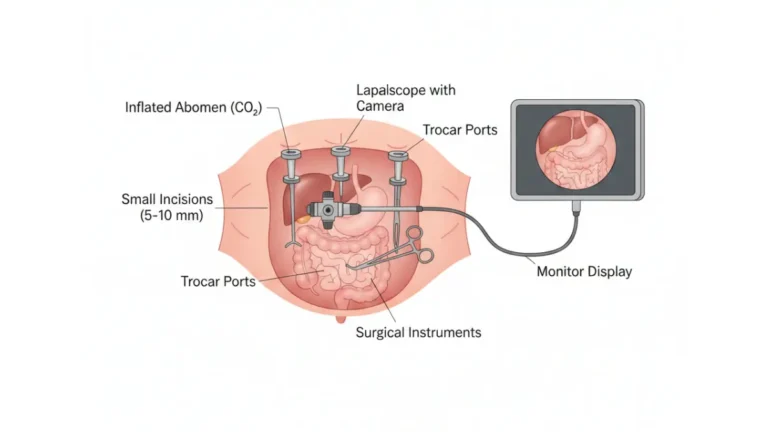 Laparoscopic surgery procedure diagram showing trocar ports, CO2 inflation, and camera inside abdomen
