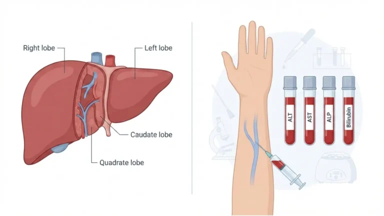 LFT Results illustration showing liver anatomy and blood test tubes for ALT AST ALP and bilirubin measurement