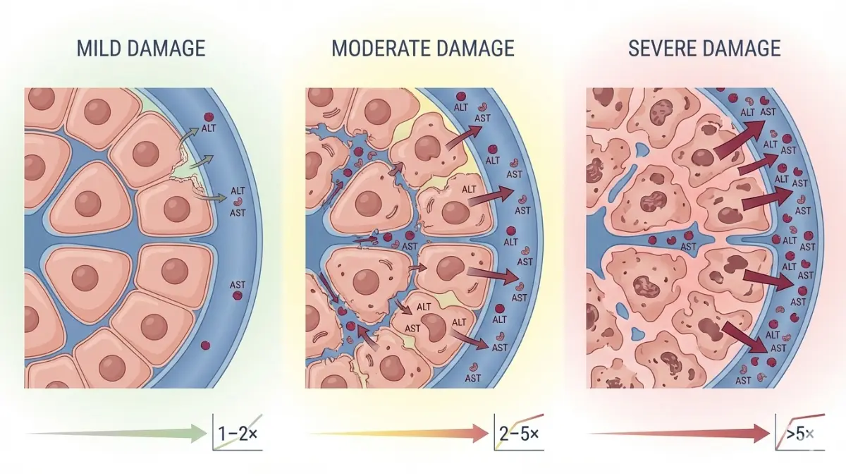 LFT Results medical diagram showing progressive liver cell damage and corresponding ALT AST enzyme elevation levels