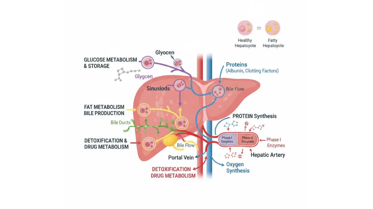 LFT Results medical diagram of liver metabolism showing detoxification pathways glucose storage and bile production