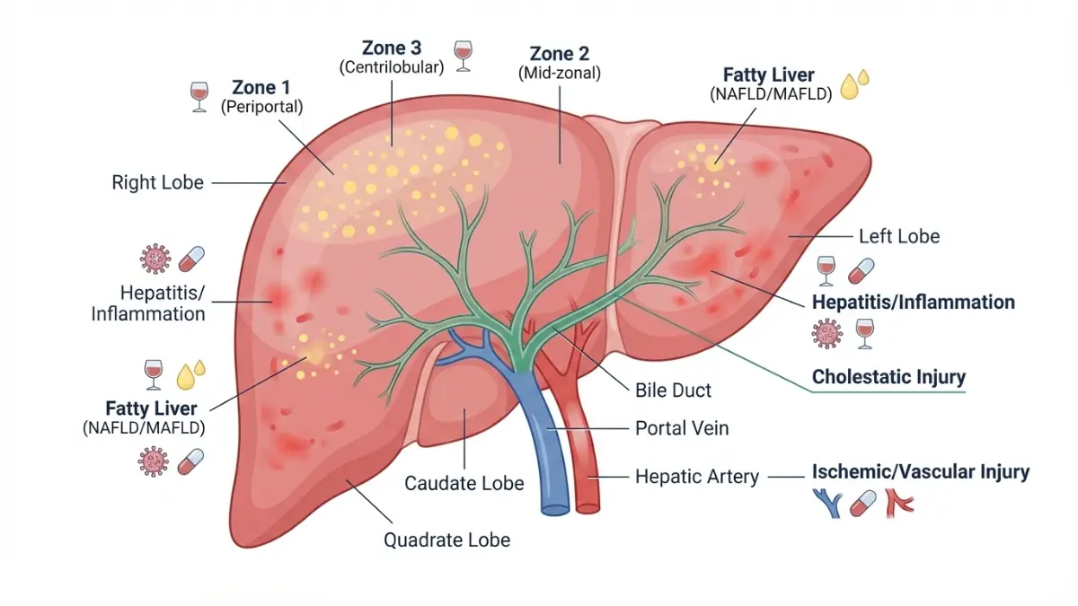 LFT Results anatomical liver diagram showing locations of fatty liver disease hepatitis and bile duct pathology