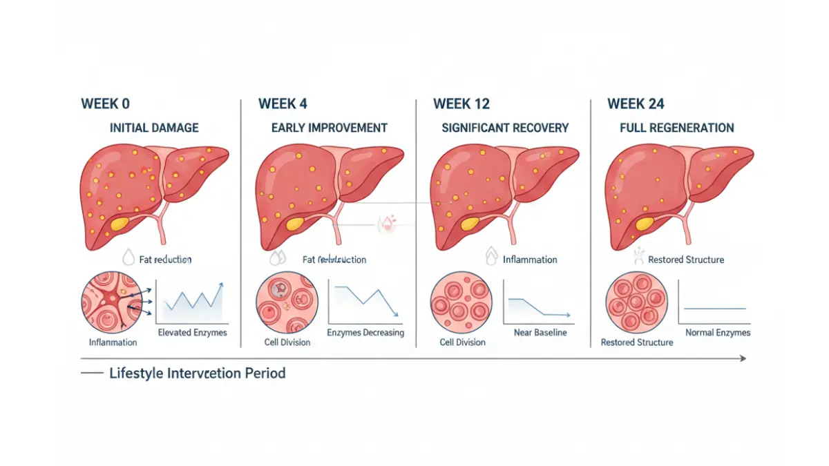 LFT Results liver regeneration timeline showing recovery from fatty liver disease and enzyme normalization over 24 weeks