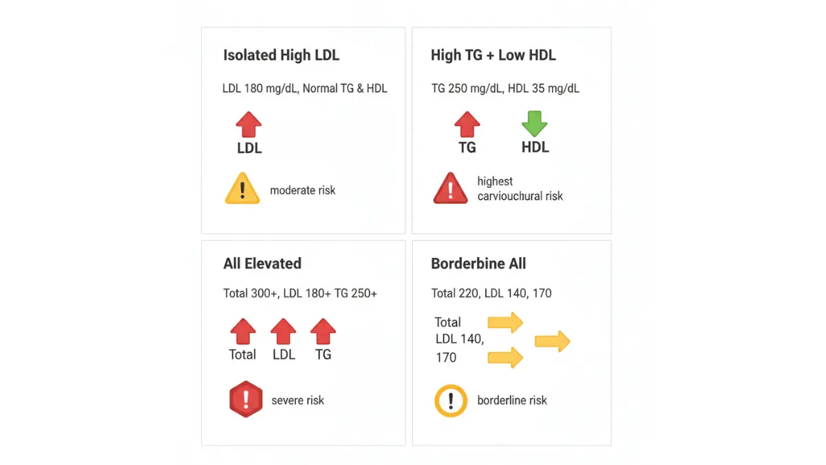 lipid results abnormal patterns showing high LDL triglycerides and low HDL risk levels