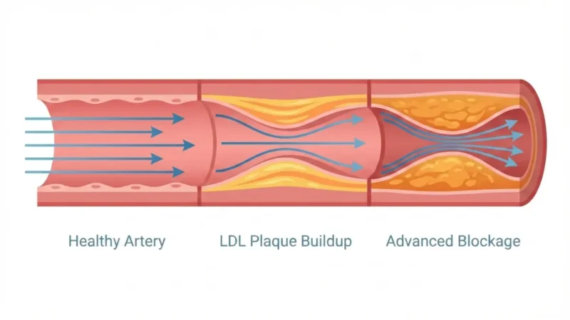 lipid results showing healthy artery vs LDL cholesterol plaque buildup and advanced blockage