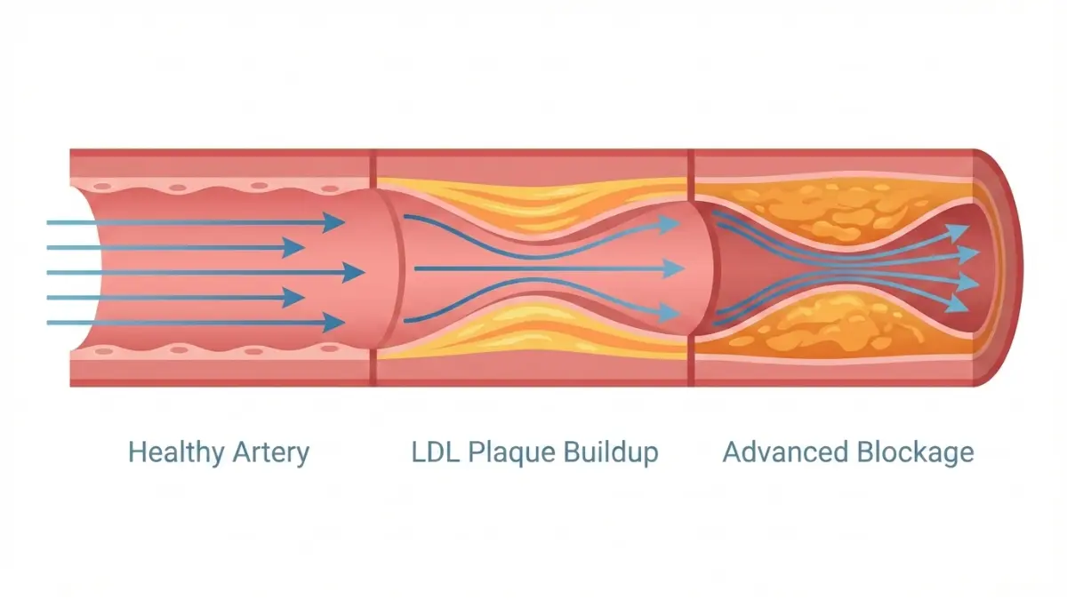 lipid results showing healthy artery vs LDL cholesterol plaque buildup and advanced blockage