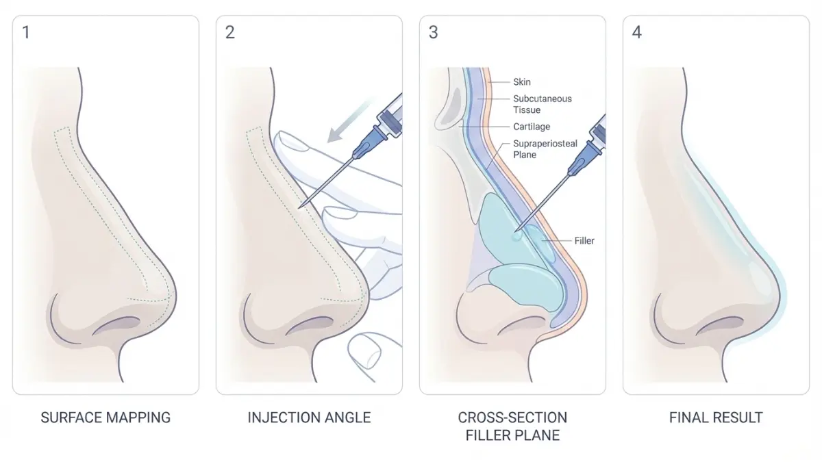 Step-by-step medical illustration of Liquid Rhinoplasty procedure showing injection technique and filler placement
