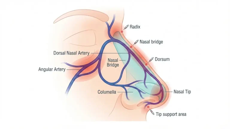 Medical diagram of nasal anatomy showing Liquid Rhinoplasty injection points and vascular danger zones highlighted