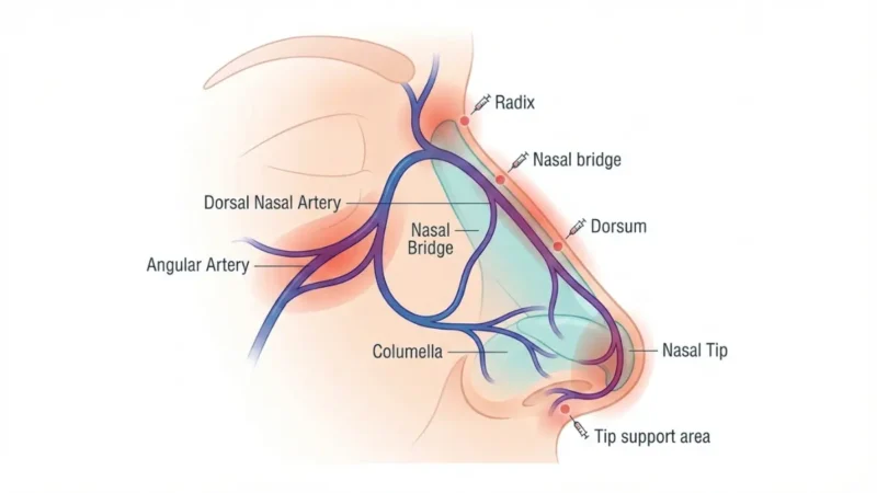 Medical diagram of nasal anatomy showing Liquid Rhinoplasty injection points and vascular danger zones highlighted