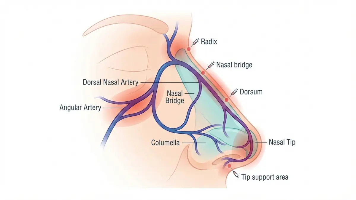 Medical diagram of nasal anatomy showing Liquid Rhinoplasty injection points and vascular danger zones highlighted