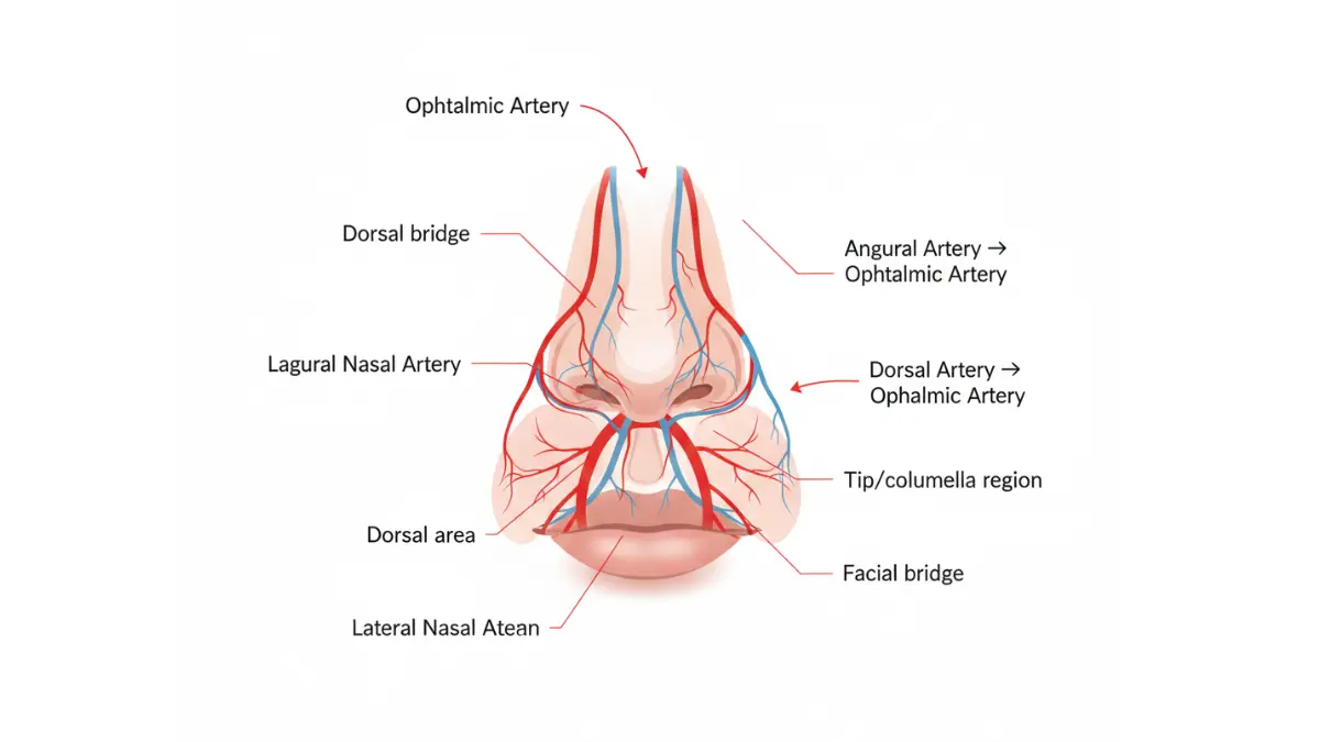 Anatomical diagram of nasal vascular system showing ophthalmic artery connection and Liquid Rhinoplasty high-risk injection zones