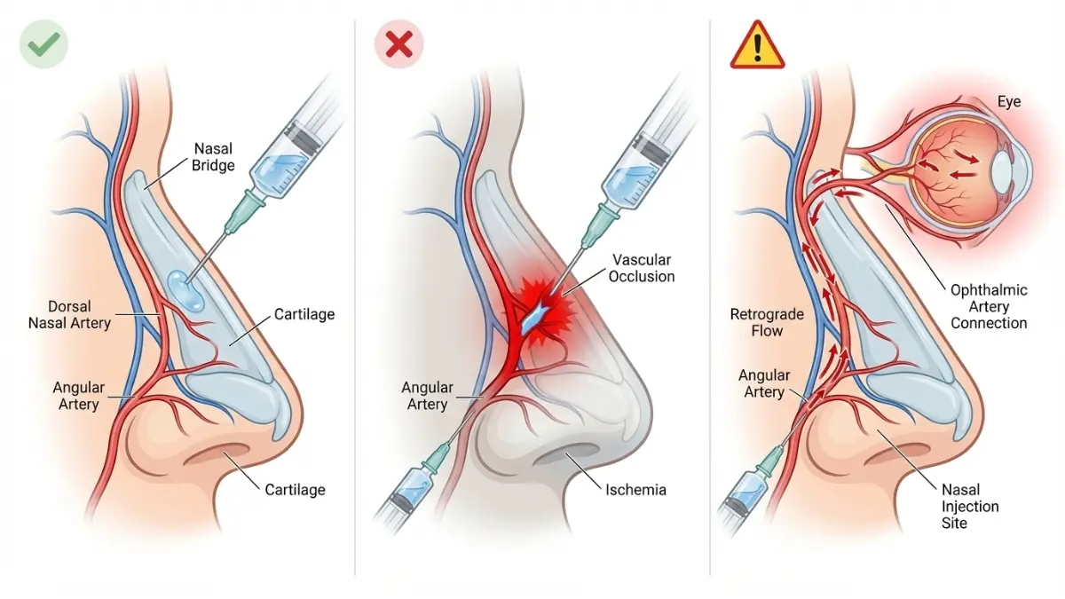 Medical diagram comparing normal Liquid Rhinoplasty injection versus vascular occlusion and retrograde arterial flow complications
