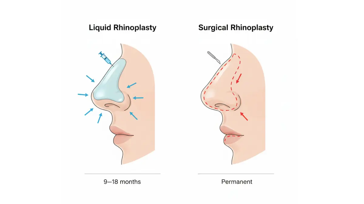 Comparative medical illustration showing Liquid Rhinoplasty filler injection versus surgical rhinoplasty structural modification
