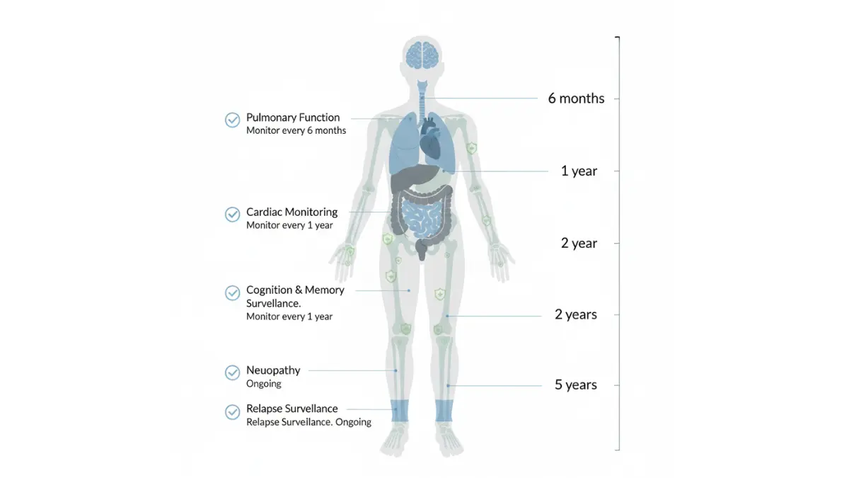 SCLC survivorship monitoring diagram showing long-term organ system follow-up