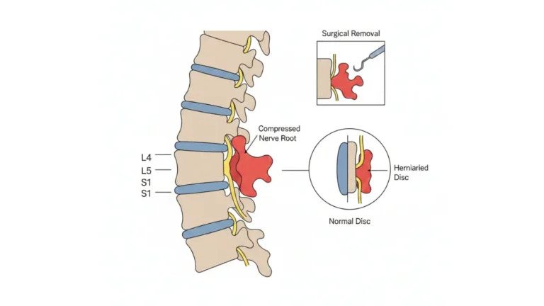Microdiscectomy anatomy diagram showing lumbar herniated disc compressing nerve root and surgical removal procedure
