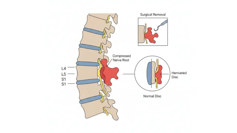 Microdiscectomy anatomy diagram showing lumbar herniated disc compressing nerve root and surgical removal procedure
