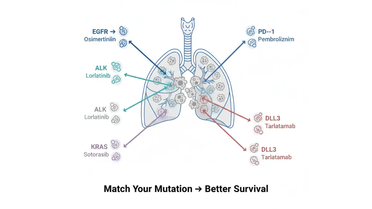 Lung Cancer Treatment diagram showing targeted drugs matching tumor biomarkers like EGFR ALK KRAS PD-L1