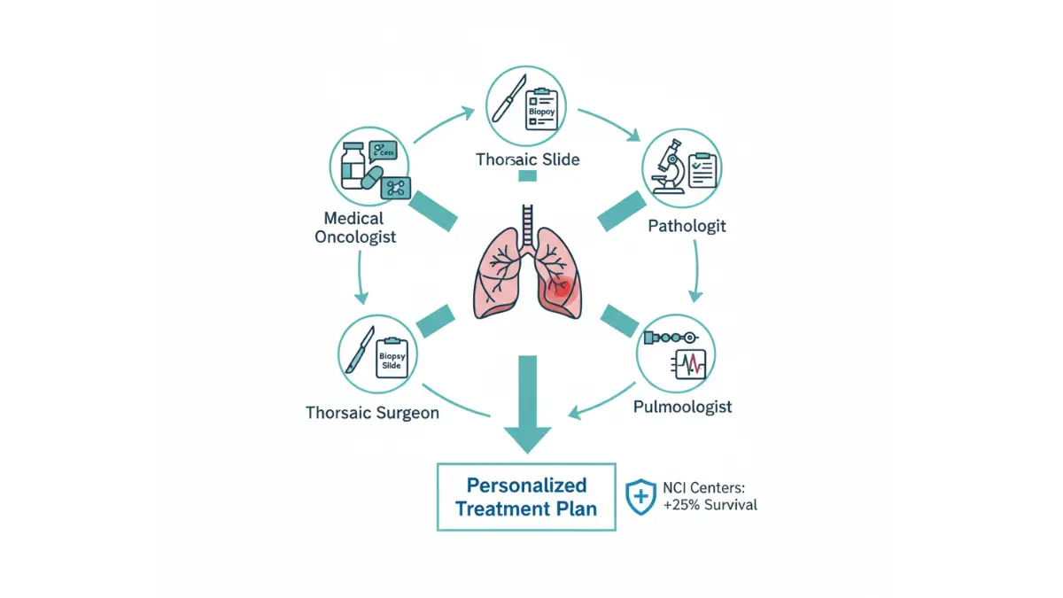Lung Cancer Treatment multidisciplinary tumor board diagram showing team-based personalized care