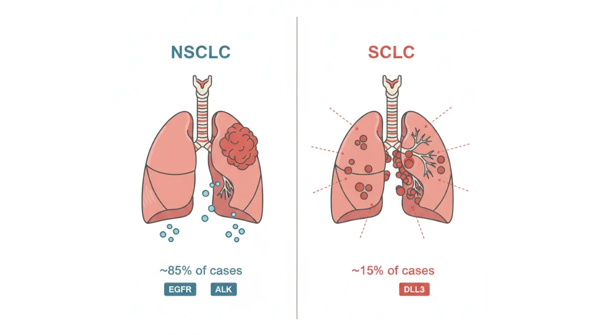 Lung Cancer Treatment anatomy comparison of NSCLC and SCLC showing tumor growth patterns and biomarkers