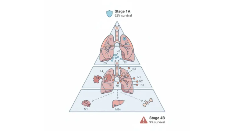 Lung Cancer Treatment TNM staging diagram showing tumor size lymph nodes metastasis and survival rates