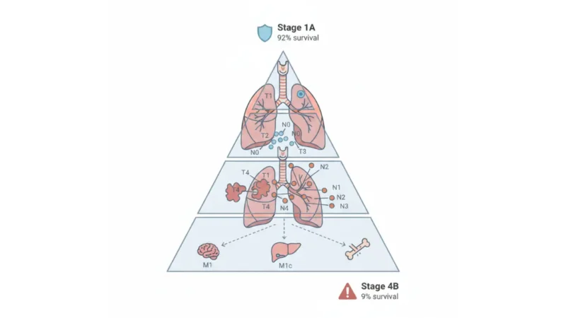 Lung Cancer Treatment TNM staging diagram showing tumor size lymph nodes metastasis and survival rates