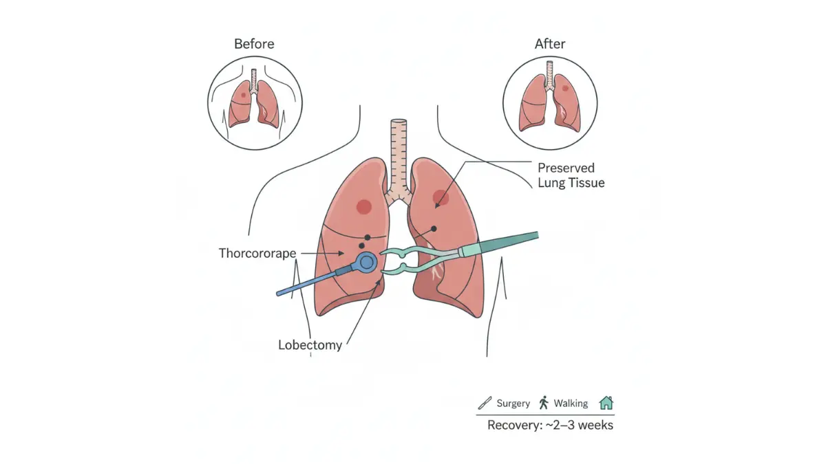 Lung Cancer Treatment VATS lobectomy anatomy diagram showing minimally invasive lung surgery