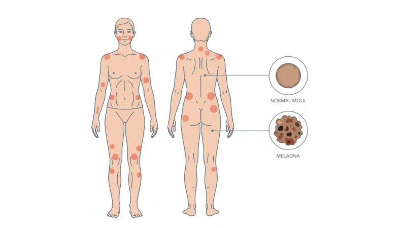 Melanoma full body skin anatomy showing high-risk areas and lesion comparison