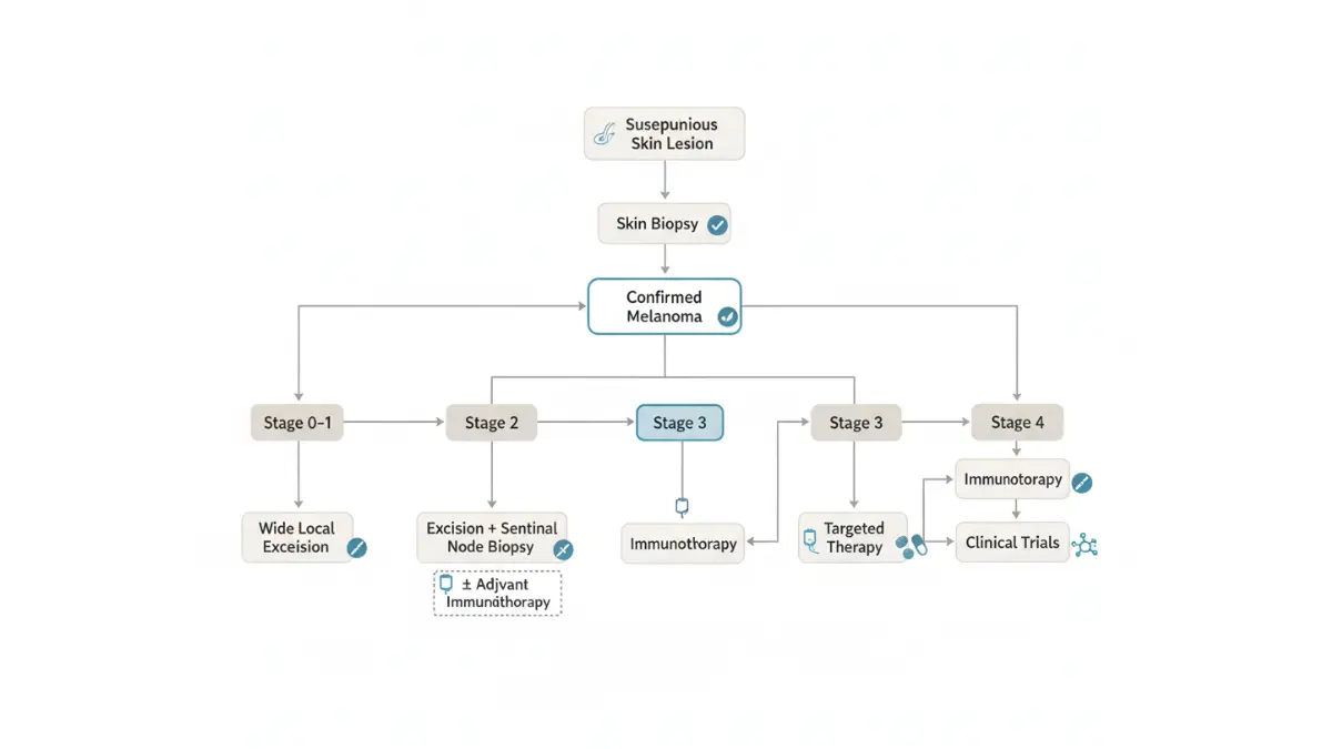 Melanoma treatment pathway showing surgery immunotherapy targeted therapy