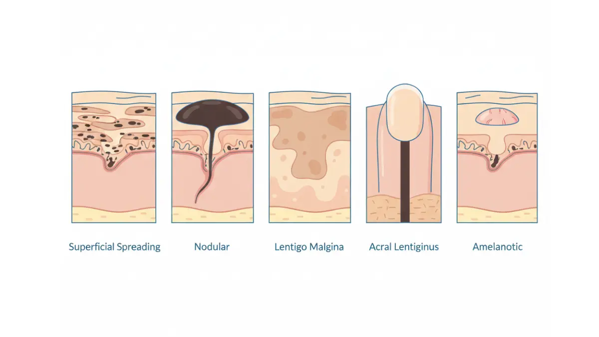 Melanoma types diagram comparing superficial nodular acral and amelanotic forms