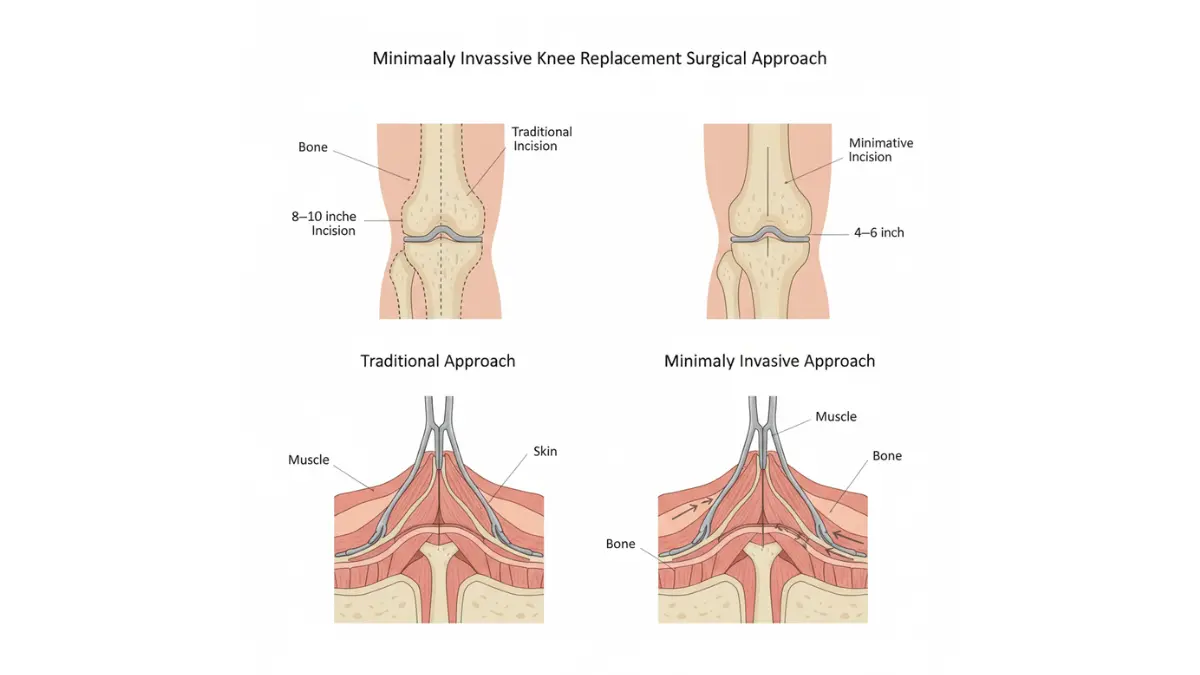 Total Knee Replacement illustration comparing traditional large incision versus minimally invasive surgical approach with muscle-sparing anatomy