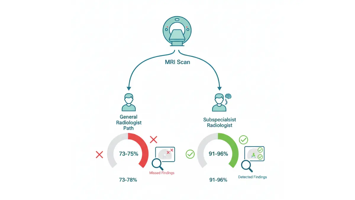 Medical diagram comparing diagnostic accuracy between general radiologist and subspecialist MRI Results review