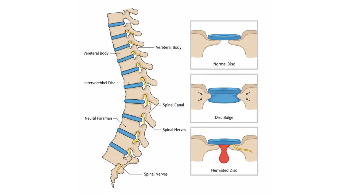Spine anatomy diagram showing normal disc, disc bulge, and herniation comparison on MRI Results