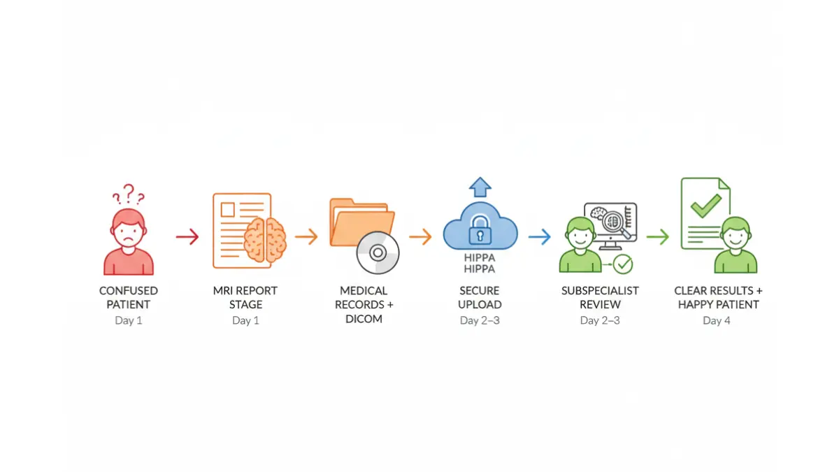 Patient journey flowchart for obtaining MRI Results second opinion from upload to final report