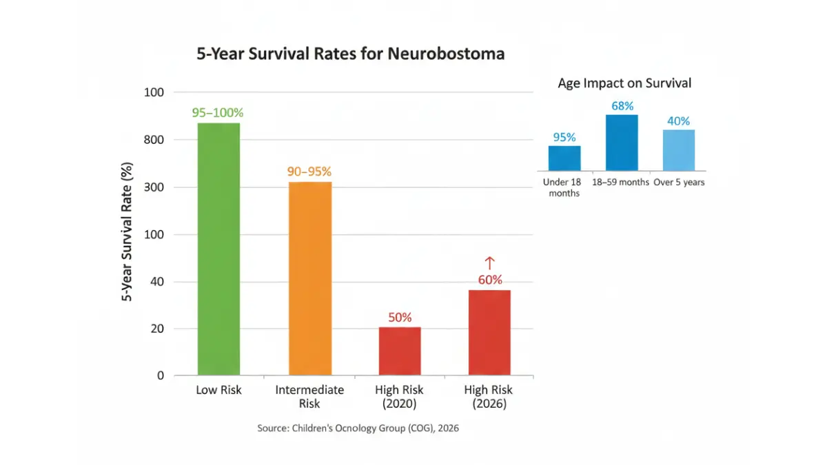 Neuroblastoma 5-year survival rates chart comparing low intermediate and high risk groups with 2020 vs 2026 outcomes and age-based survival data