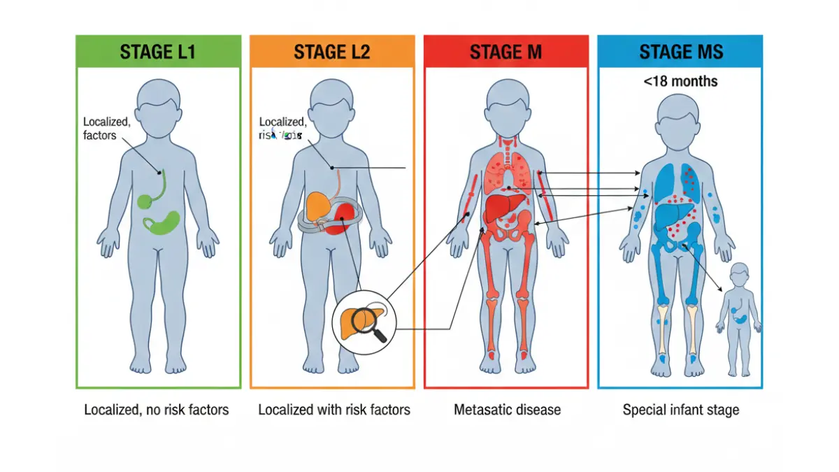INRGSS Neuroblastoma staging system diagram showing stage L1 L2 M and MS with tumor spread patterns and image-defined risk factors